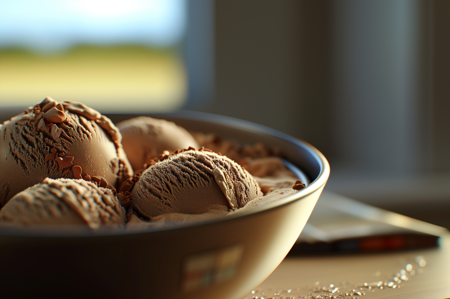 Scoops of chocolate ice cream in a bowl