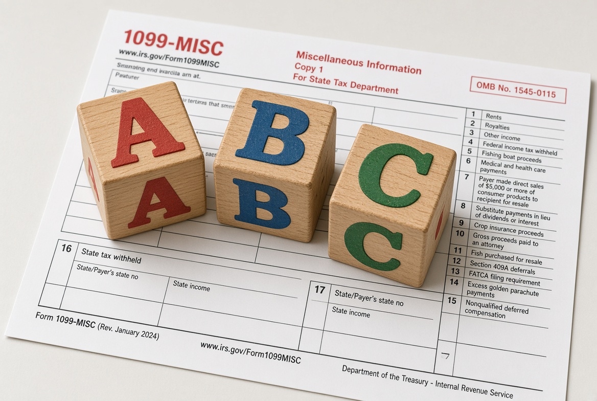 Alphabet blocks spelling ABC resting on a 1099 tax form