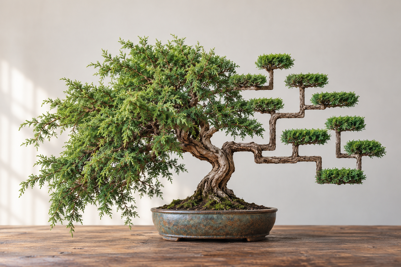 A bonsai tree in a ceramic pot, its right side pruned into sharp, right-angled geometric branches